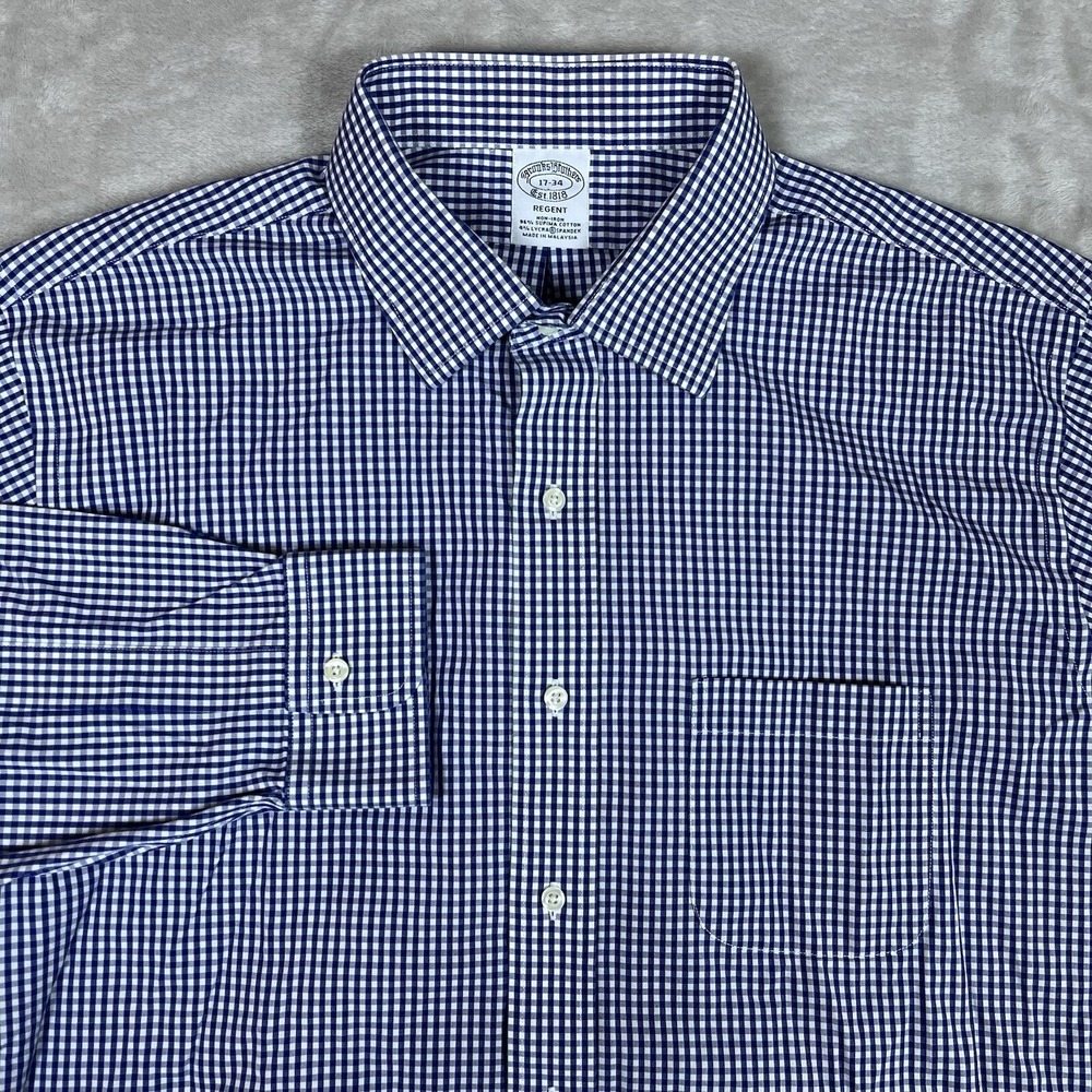 Brooks Brothers Dress Shirt Mens 17/34 Large Blue Gingham Stretch Regent Fit